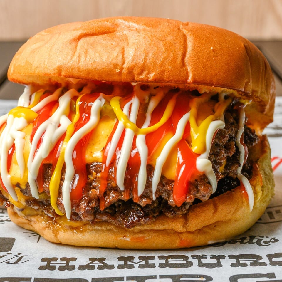 A double cheeseburger with melted cheese, ketchup, mustard, and mayonnaise on a branded paper.